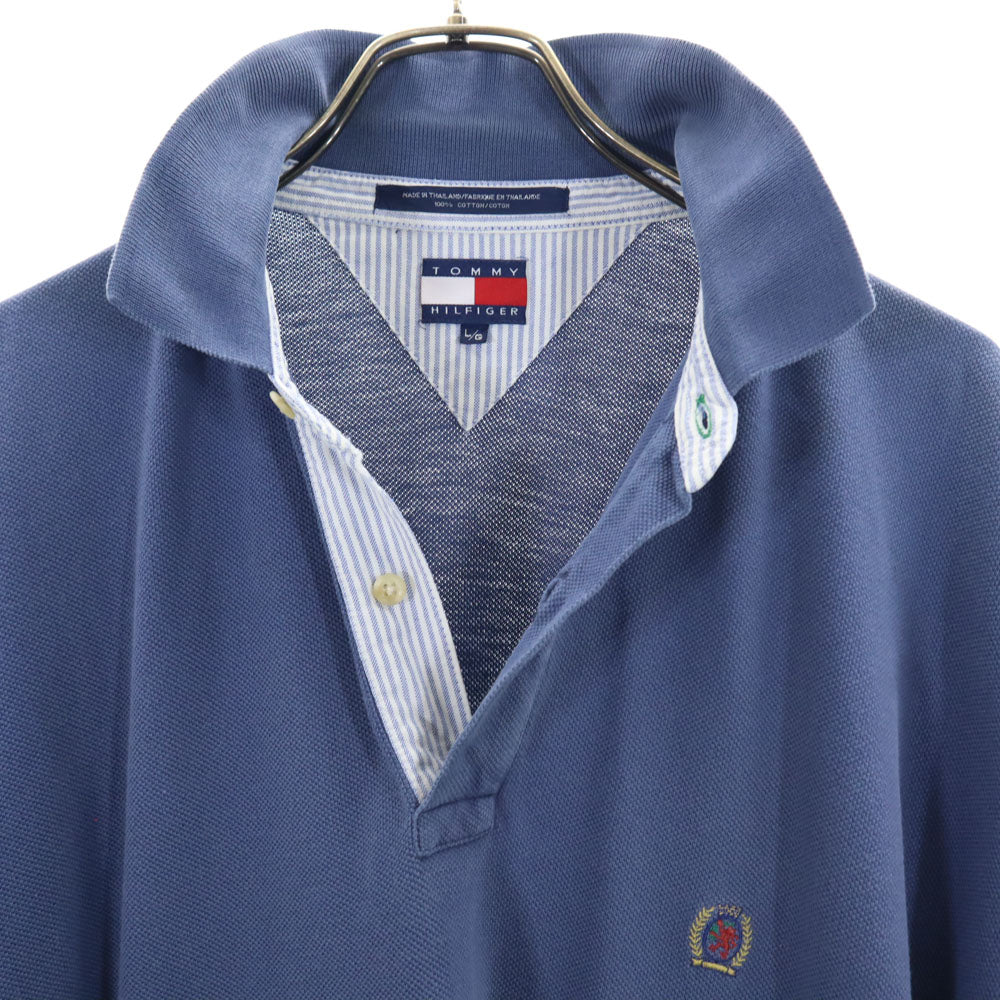 トミーヒルフィガー 90s オールド 半袖 ポロシャツ L ブルー系 TOMMY HILFIGER 鹿の子地 メンズ