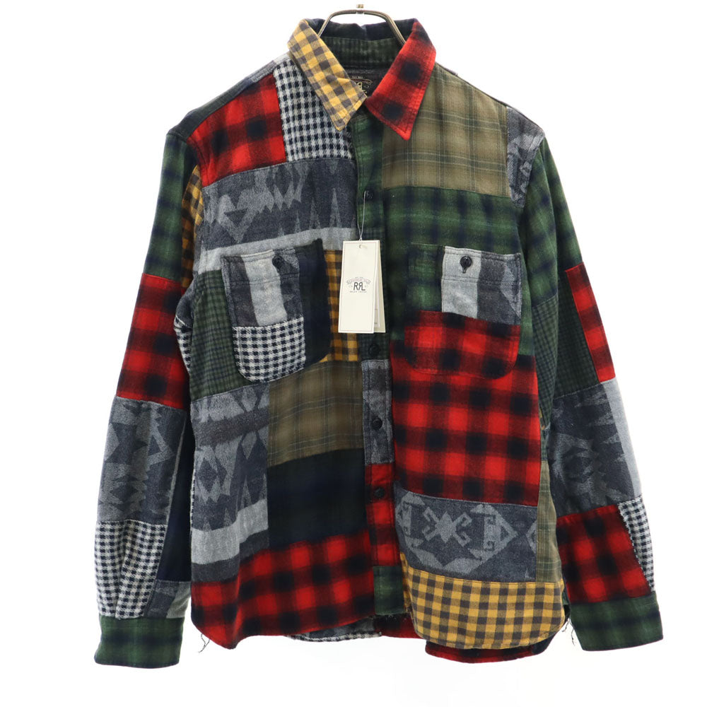 未使用 RRL ダブルアールエル チェック柄 長袖 パッチワーク ネルシャツ 3 カーキ 他 クレイジーパターン レディース