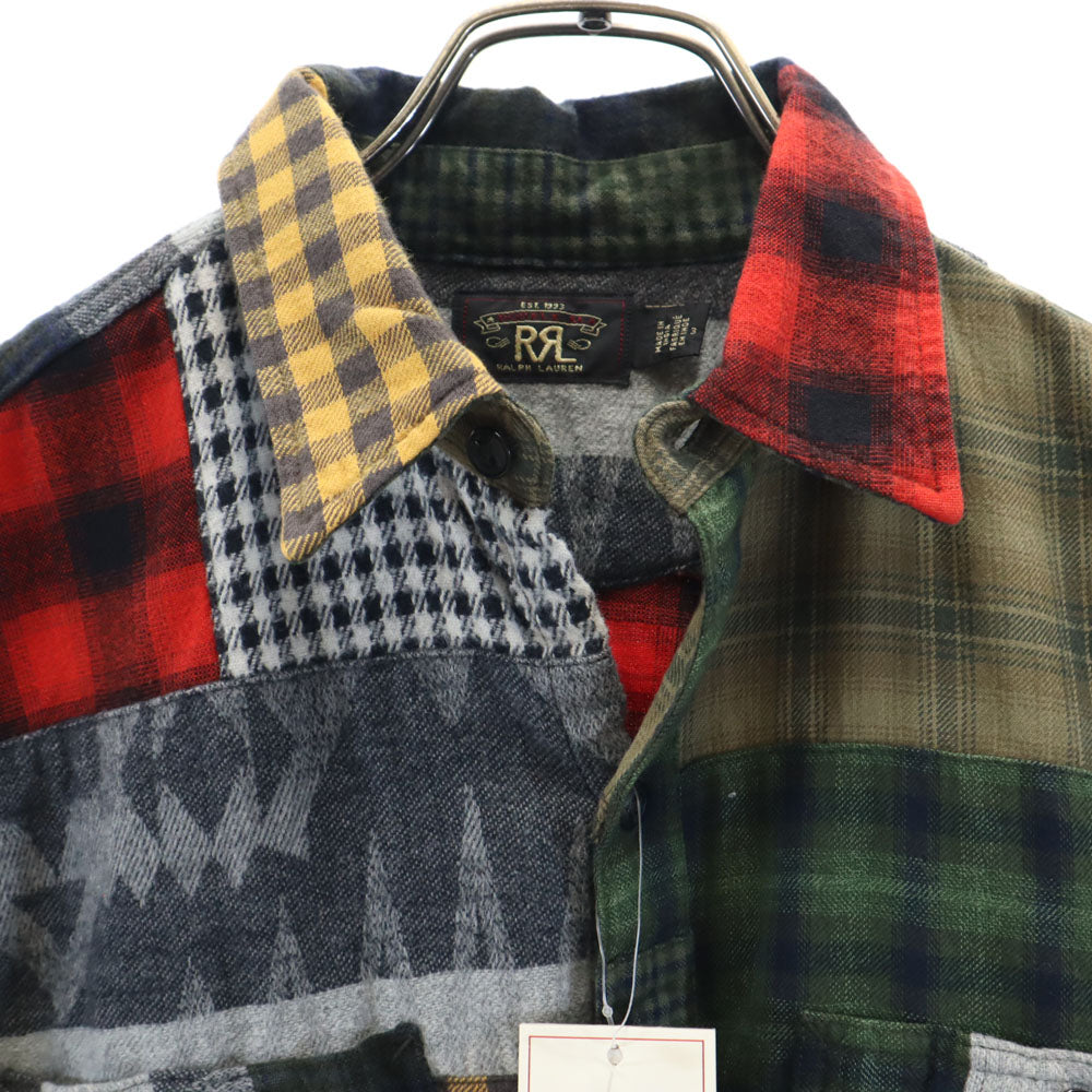 未使用 RRL ダブルアールエル チェック柄 長袖 パッチワーク ネルシャツ 3 カーキ 他 クレイジーパターン レディース