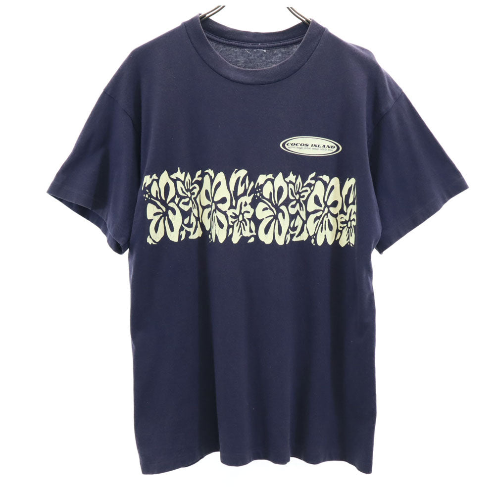 90s オールド ココスアイランド ハイビスカス 半袖 シングルステッチ Tシャツ ネイビー COCOS ISLAND メンズ