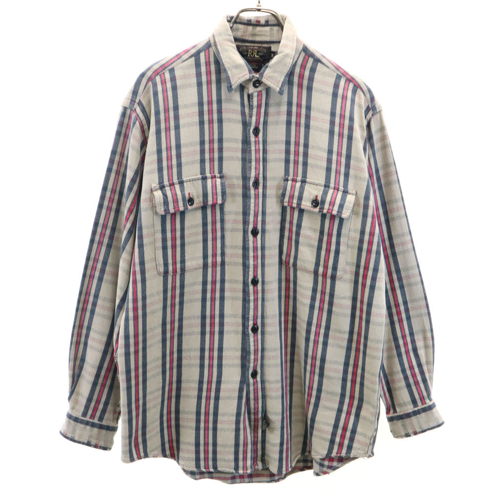 RRL ダブルアールエル 90s 初期タグ 赤3星 オールド 長袖 ヘビーフランネル チェックシャツ M グレージュ 他 RALPH LAUREN ラルフローレン メンズ