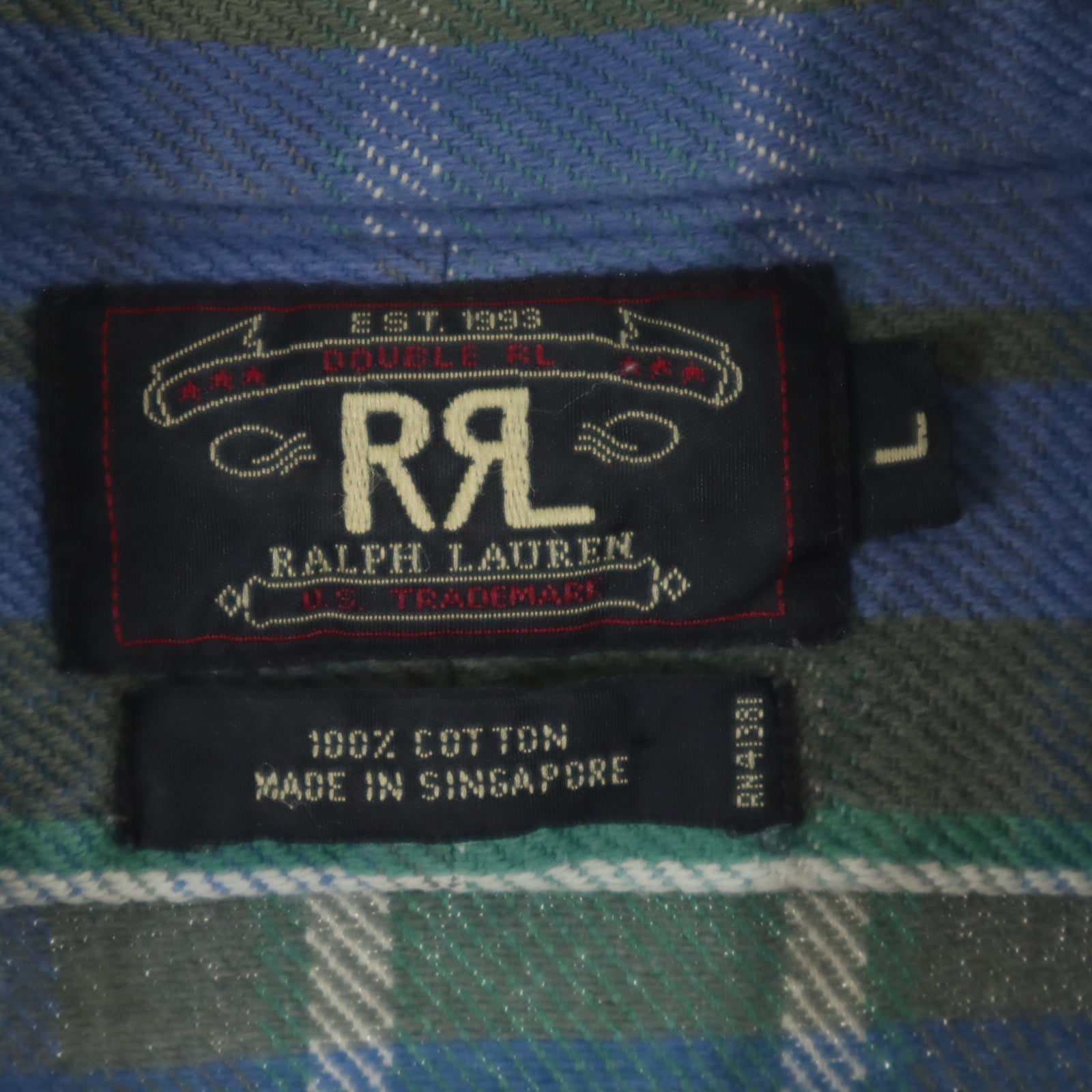 RRL ダブルアールエル 90s 初期タグ 赤3星 オールド チェック柄 長袖 ツイル ワークシャツ L グリーン 他 RALPH LAUREN ラルフローレン メンズ