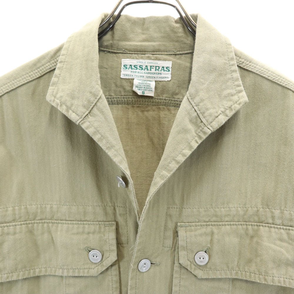 SASAFRAS ササフラス 日本製 長袖 ワークシャツ S カーキベージュ ヘリンボーン メンズ