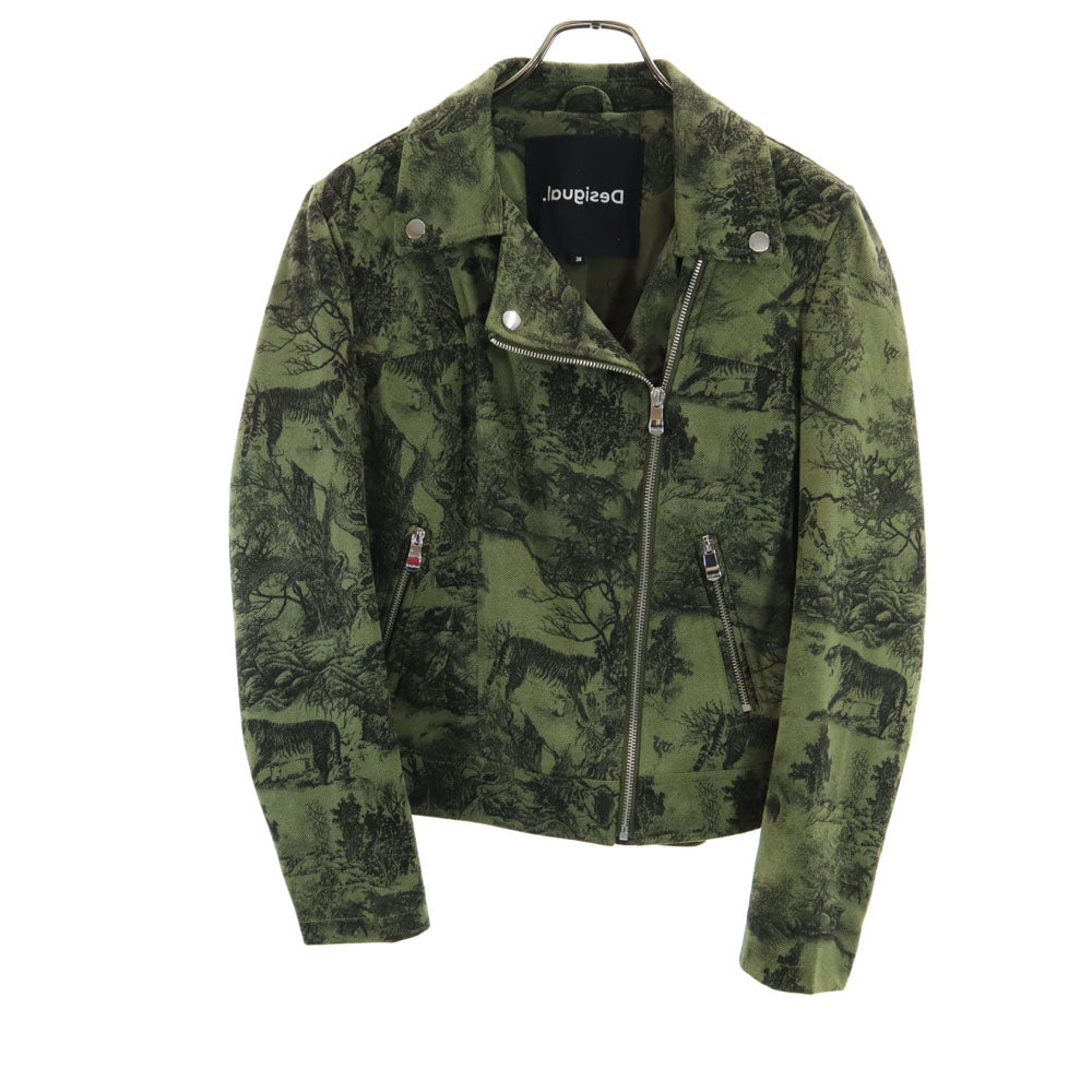 Desigual デシグアル 総柄 ダブルライダースジャケット 38 カーキ レディース