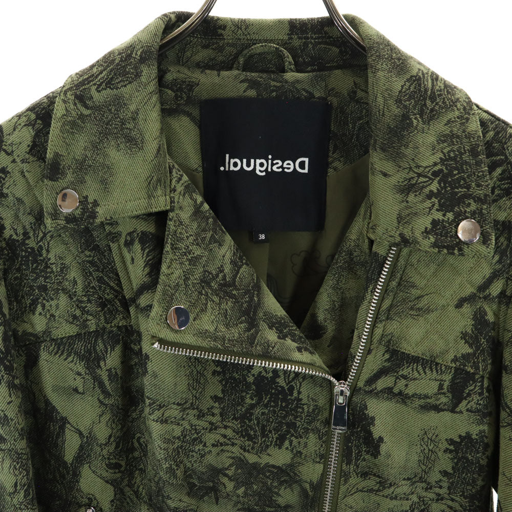 Desigual デシグアル 総柄 ダブルライダースジャケット 38 カーキ レディース
