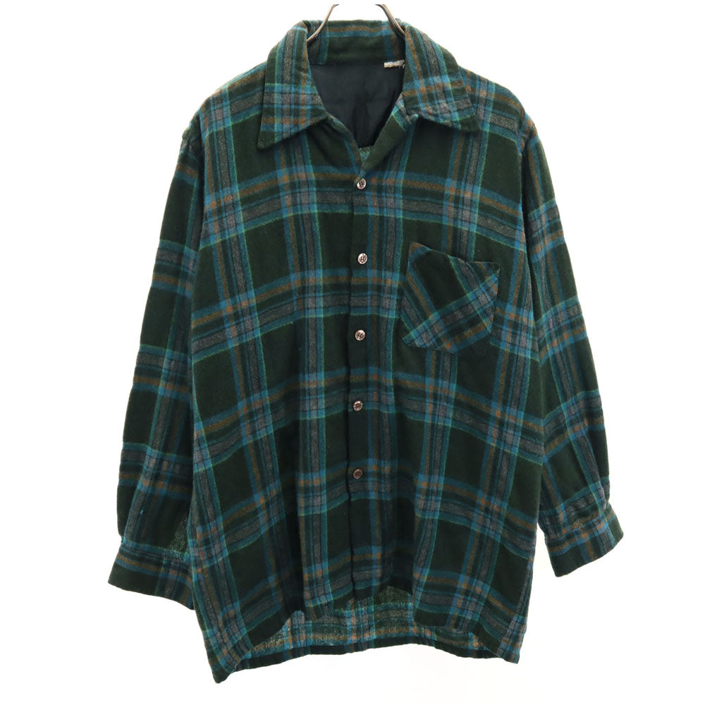 VINTAGE ヴィンテージ 70s ウールブレンド チェック柄 長袖 オープンカラーシャツ グリーン系 メンズ