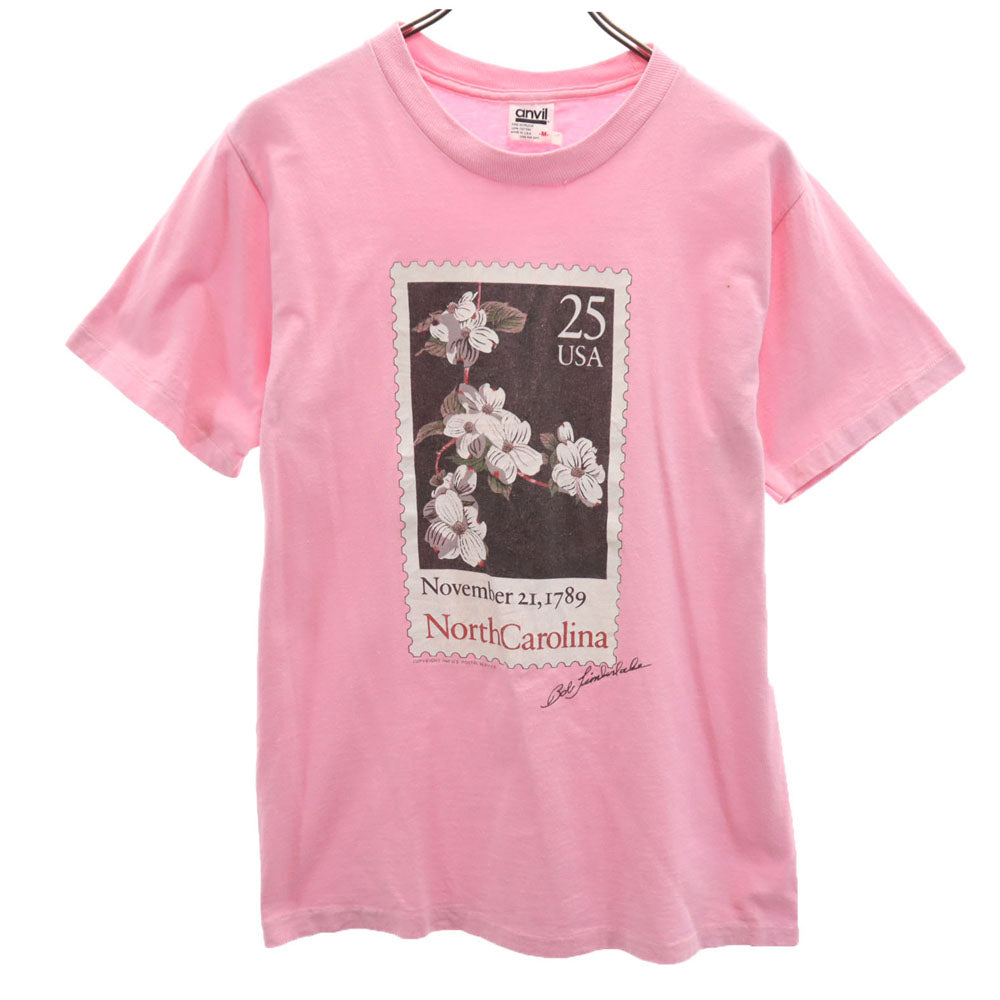 anvil アンヴィル 80s USA製 半袖 シングルステッチ Tシャツ M ピンク 切手 花 オールド ヴィンテージ メンズ