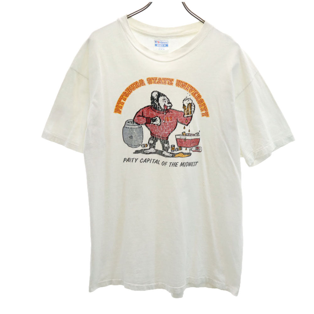 Hanes ヘインズ 80s USA製 カレッジプリント 半袖 シングルステッチ Tシャツ XL ホワイト系 オールド ヴィンテージ メンズ