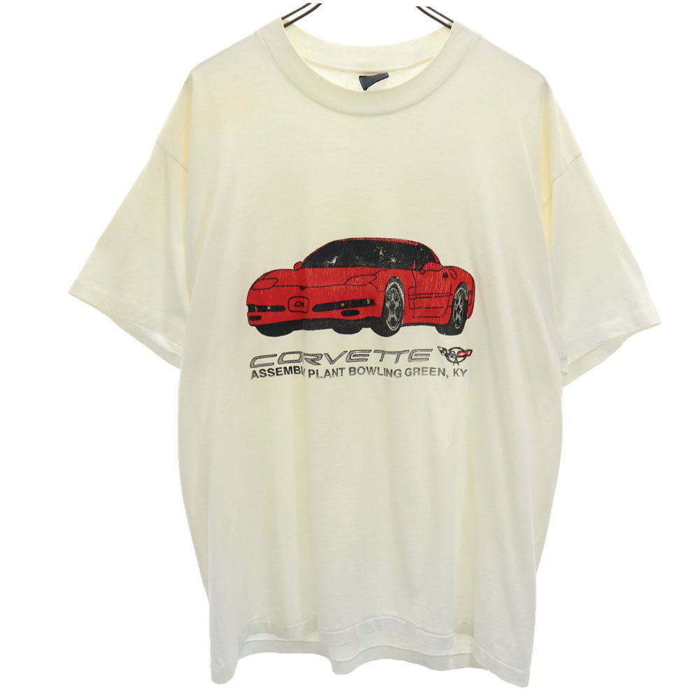 90s CORVETTE プリント 半袖 シングルステッチ Tシャツ ベージュ系 オールド ヴィンテージ メンズ
