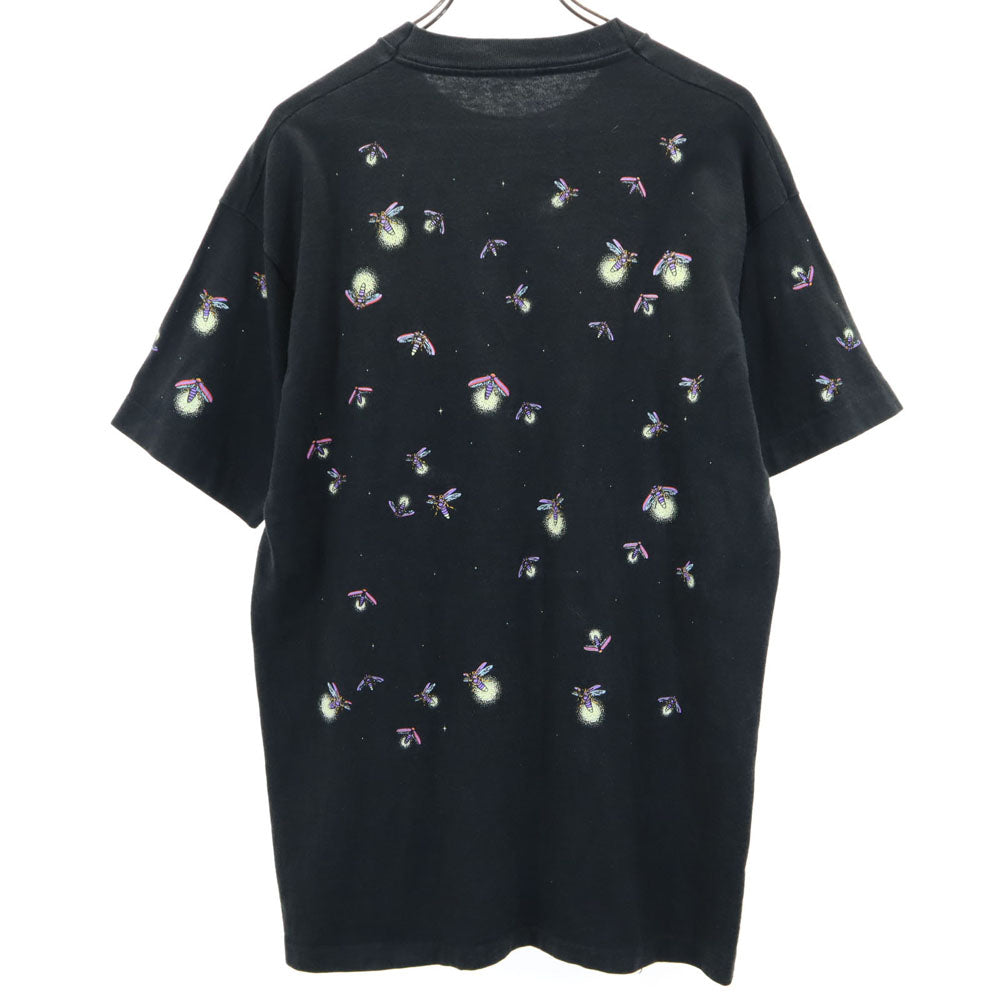 蓄光プリント 90s ホタルプリント 総柄 半袖 ホタル Tシャツ ブラック系 シングルステッチ オールド ヴィンテージ メンズ