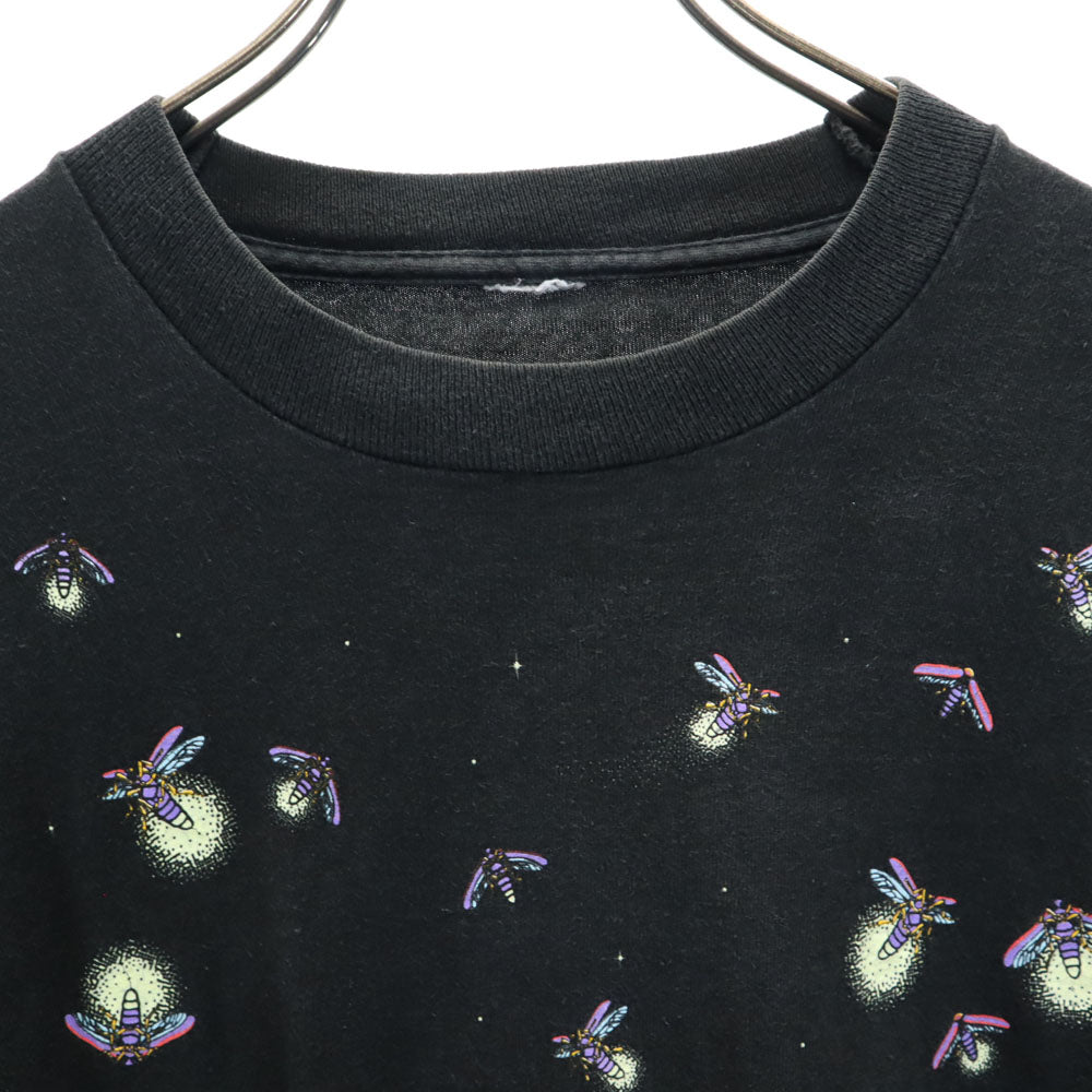 蓄光プリント 90s ホタルプリント 総柄 半袖 ホタル Tシャツ ブラック系 シングルステッチ オールド ヴィンテージ メンズ