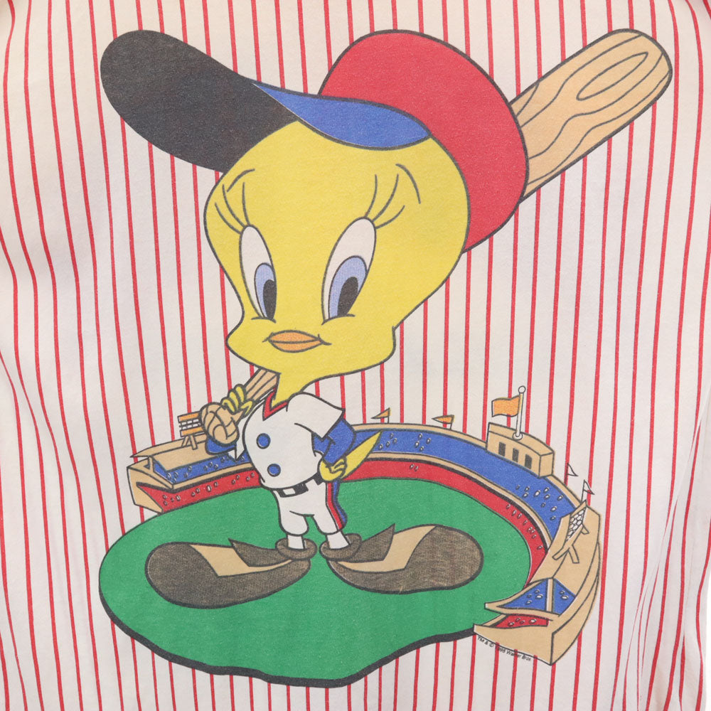 90s LOONEY TUNES ルーニーテューンズ トゥイーティー ストライプ 半袖 Tシャツ ベージュ系 シングルステッチ オールド ヴィンテージ メンズ