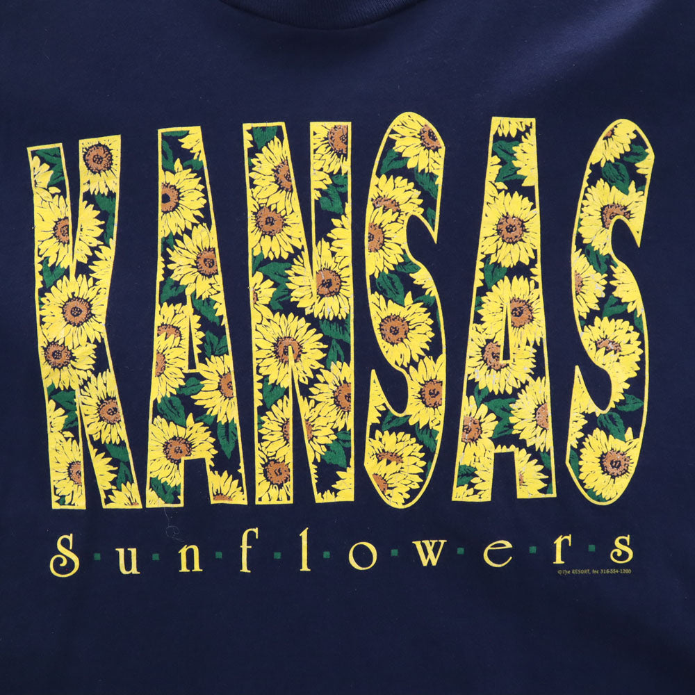 FRUIT OF THE LOOM フルーツオブザルーム 90s USA製 プリント 半袖 KANSAS ヒマワリ Tシャツ XL ネイビー系 オールド ヴィンテージ メンズ