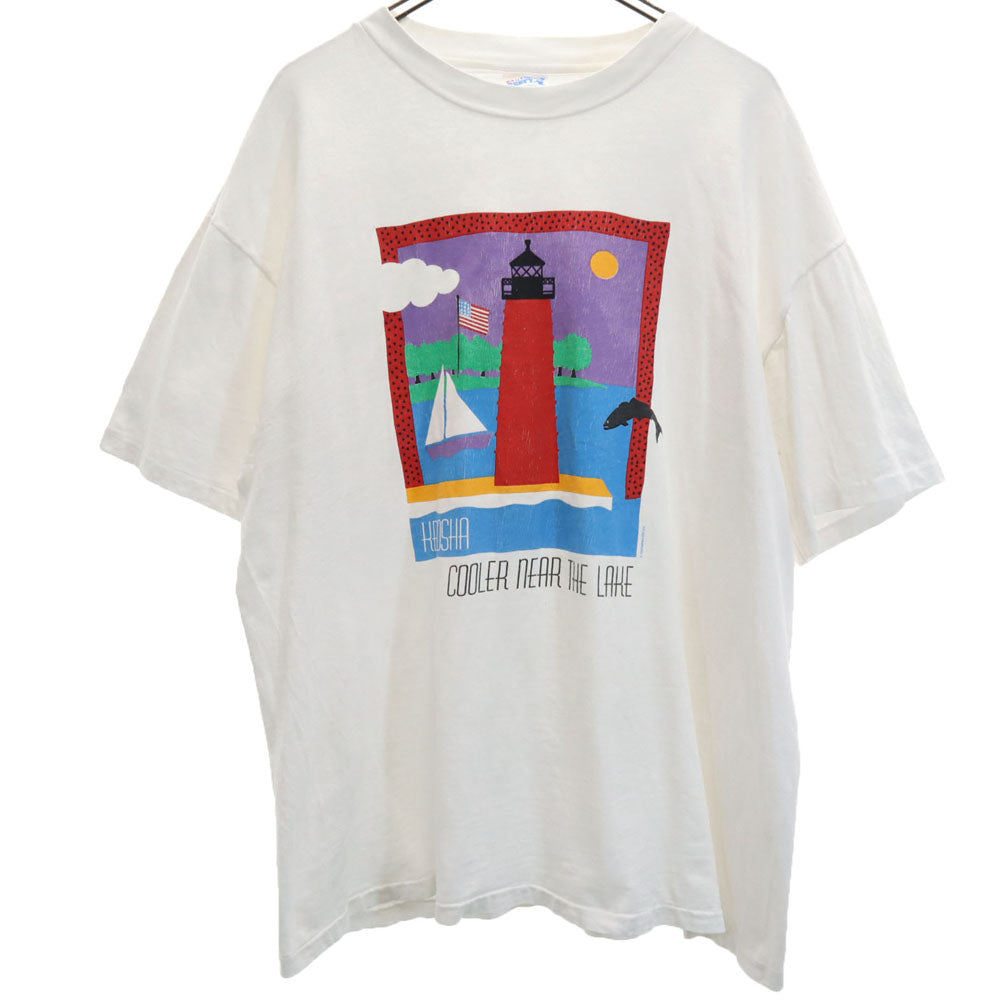 Hanes ヘインズ 90s 灯台プリント 半袖 シングルステッチ Tシャツ XL ホワイト系 オールド ヴィンテージ メンズ
