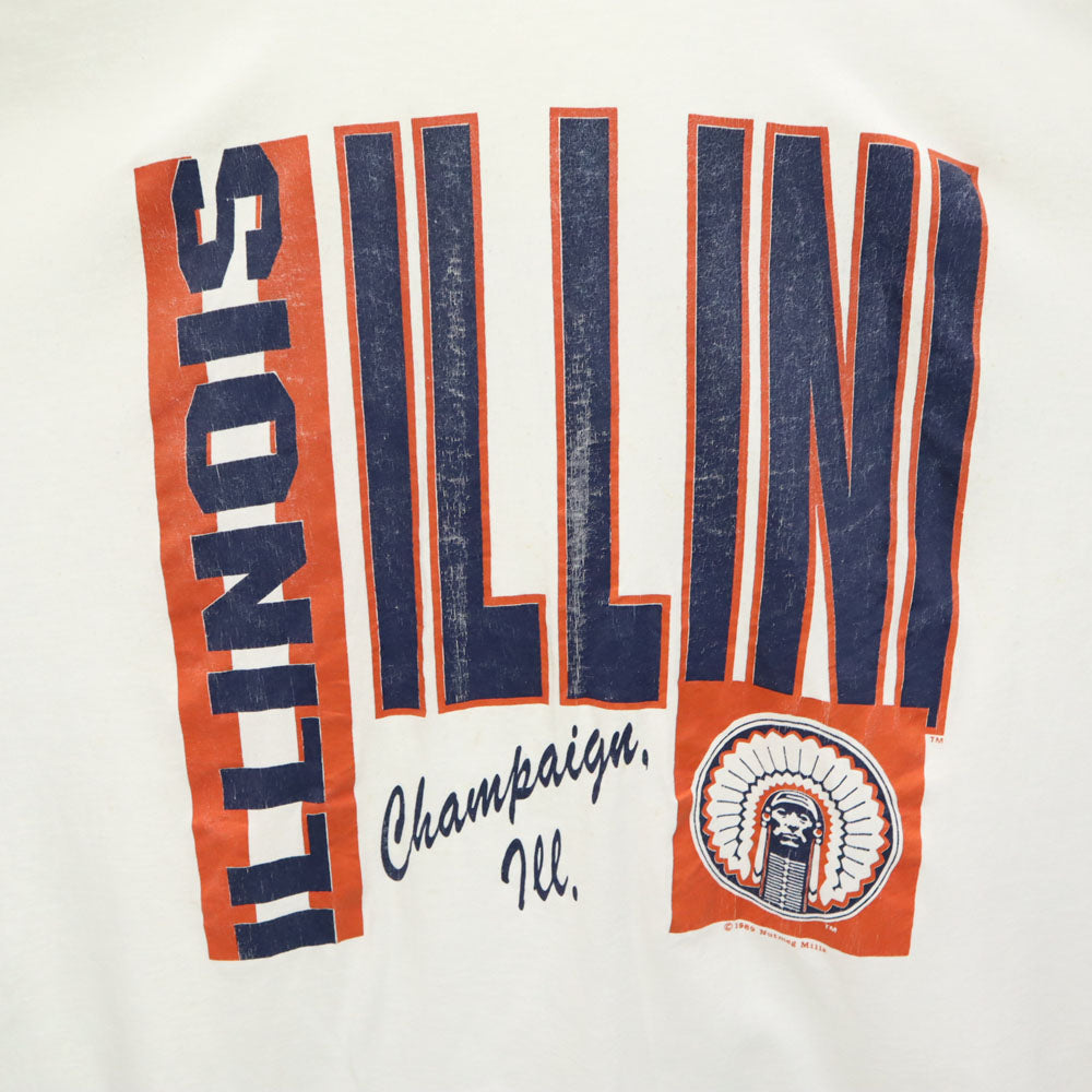 ナツメグ 80s USA製 イリノイ ファイティング 半袖 Tシャツ ONESIZE ホワイト NUTMEG ビッグサイズ ILLINOIS ILLINI カレッジ シングルステッチ オールド ヴィンテージ メンズ