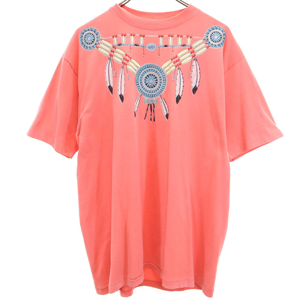 Hanes ヘインズ 90s USA製 ネイティブプリント 半袖 シングルステッチ Tシャツ XL コーラルピンク系 オールド ヴィンテージ メンズ