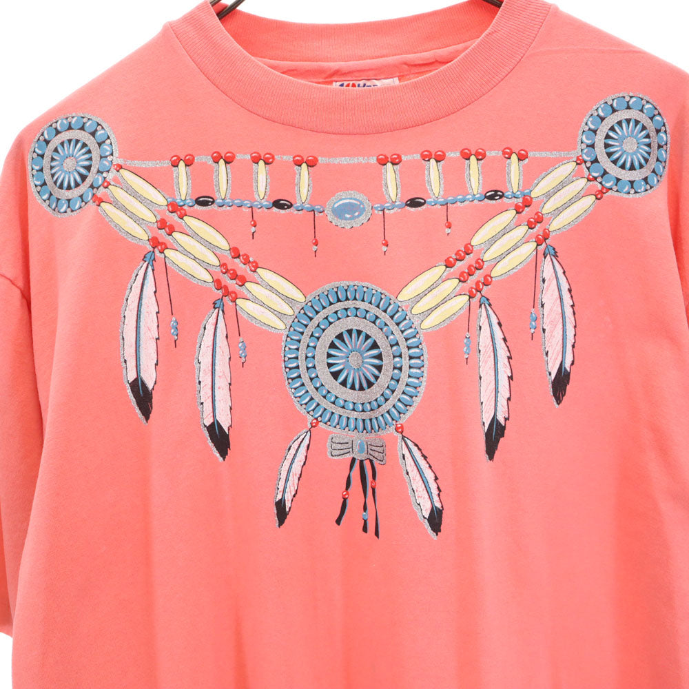 Hanes ヘインズ 90s USA製 ネイティブプリント 半袖 シングルステッチ Tシャツ XL コーラルピンク系 オールド ヴィンテージ メンズ