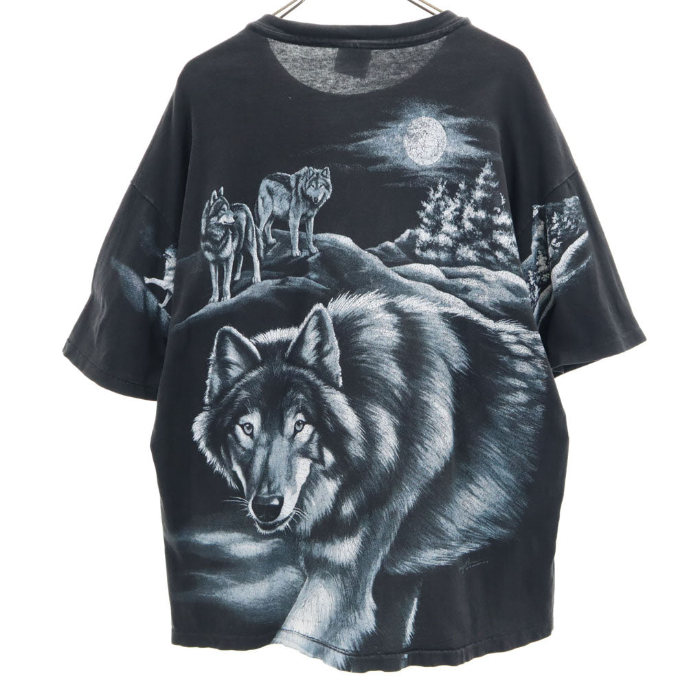 ヘインズ 90s USA製 アニマルプリント 半袖 シングルステッチ Tシャツ XL チャコールブラック Hanes BEEFY-T オオカミ オールド ヴィンテージ メンズ