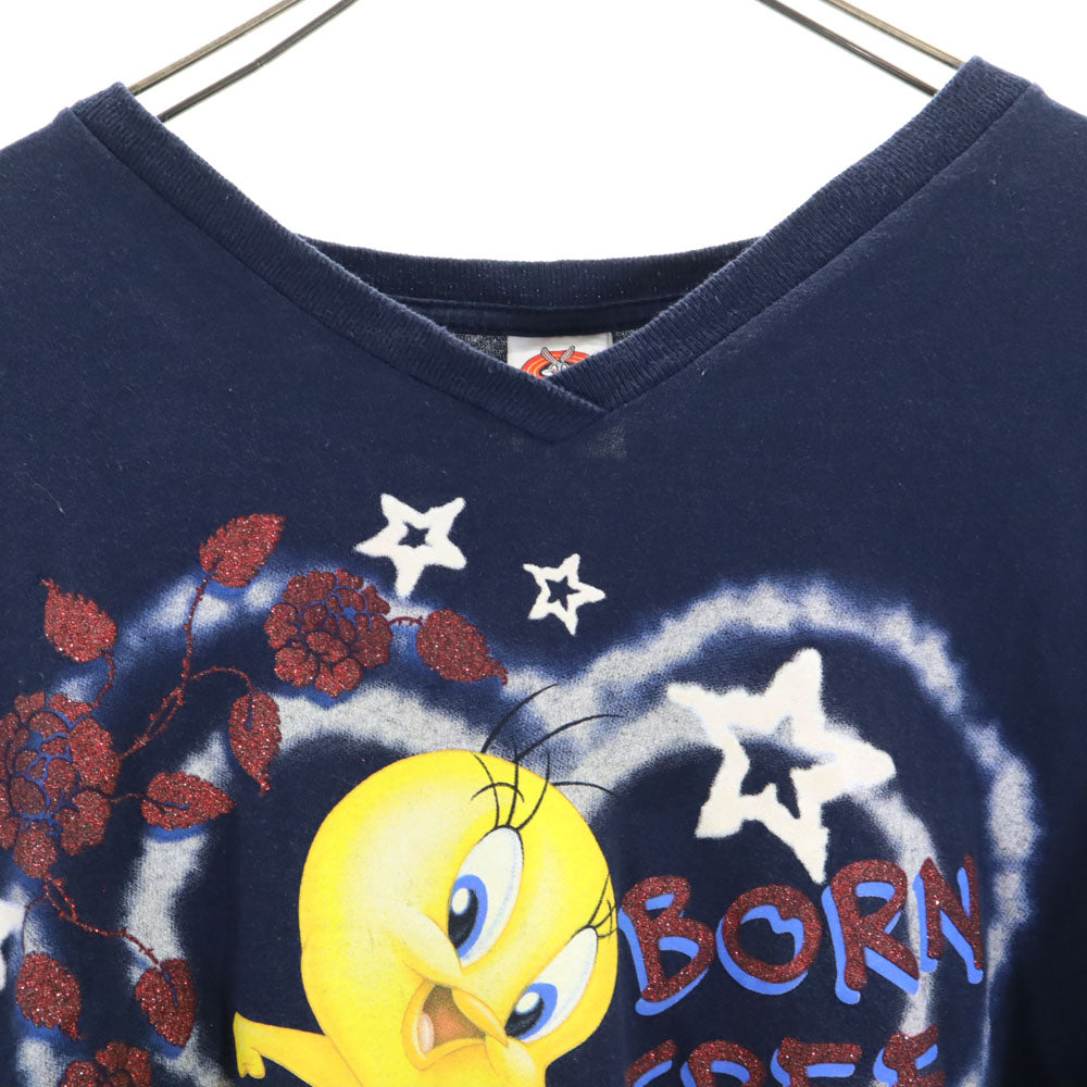 LOONEY TUNES ルーニーテューンズ 90s トゥイーティー 半袖 Vネック Tシャツ 22/24 ネイビー シングルステッチ オールド ヴィンテージ レディース