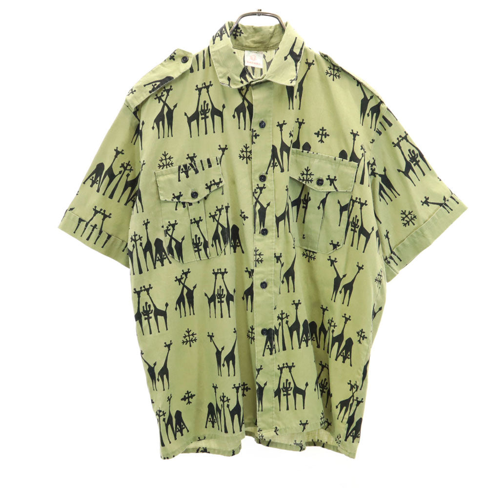 サファリ 90s 総柄 半袖 サファリシャツ コットンシャツ M カーキ SIMBA オールド ヴィンテージ メンズ