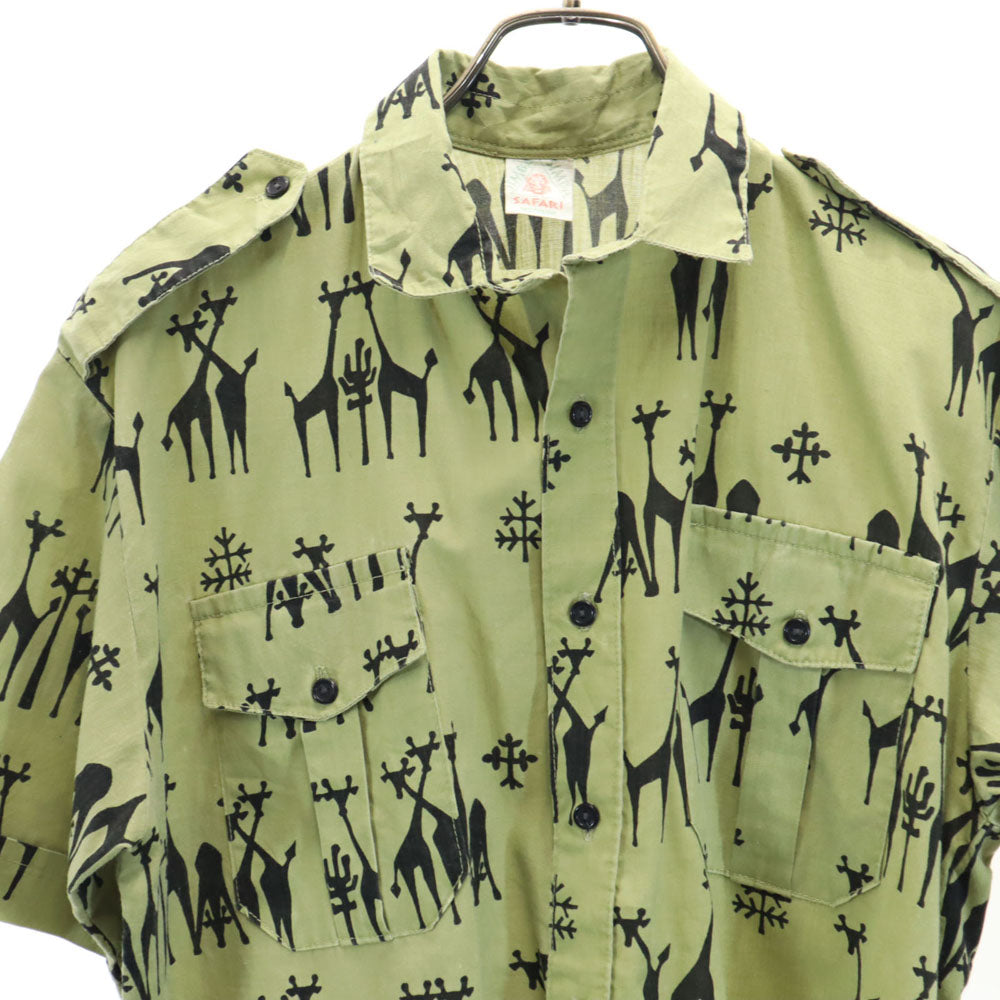 サファリ 90s 総柄 半袖 サファリシャツ コットンシャツ M カーキ SIMBA オールド ヴィンテージ メンズ