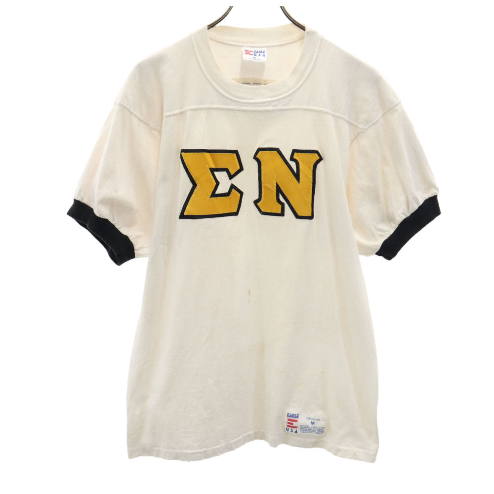 イーグル ユーエスエー 90s USA製 カレッジ 半袖 ゲーム Tシャツ M アイボリー系 袖リブ オールド レディース