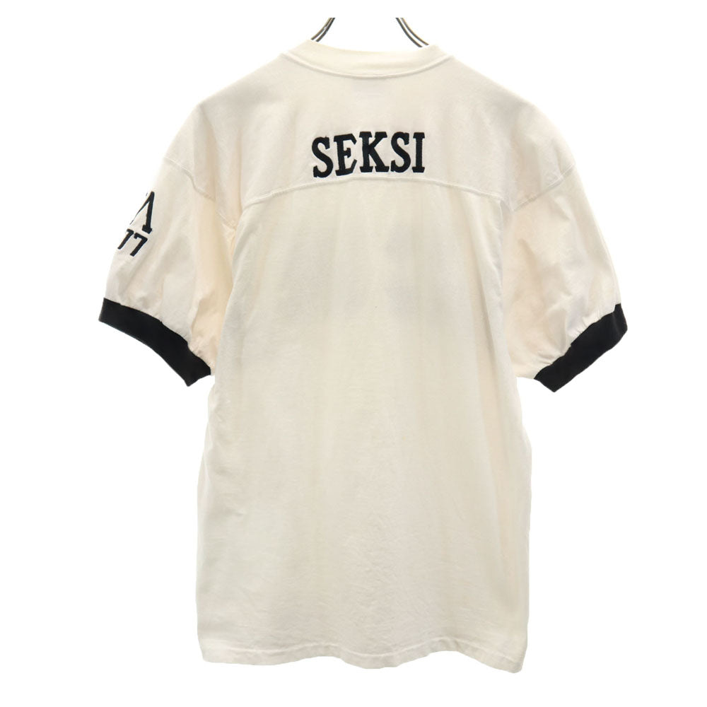 イーグル ユーエスエー 90s USA製 カレッジ 半袖 ゲーム Tシャツ M アイボリー系 袖リブ オールド レディース