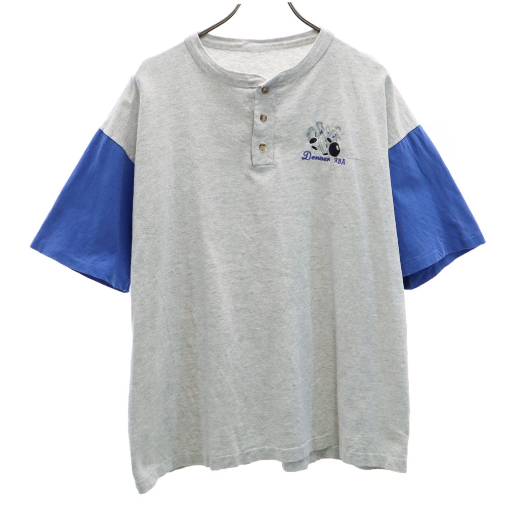 OLD オールド 90s バイカラー 半袖 シングルステッチ ヘンリーネック Tシャツ ライトグレー ボウリング メンズ