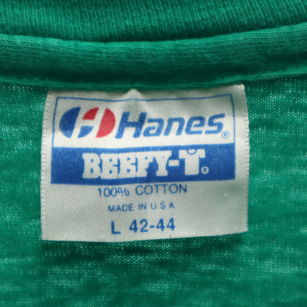 Hanes ヘインズ 80s 90s USA製 オールド シングルステッチ プリント 半袖 Tシャツ L グリーン系 メンズ