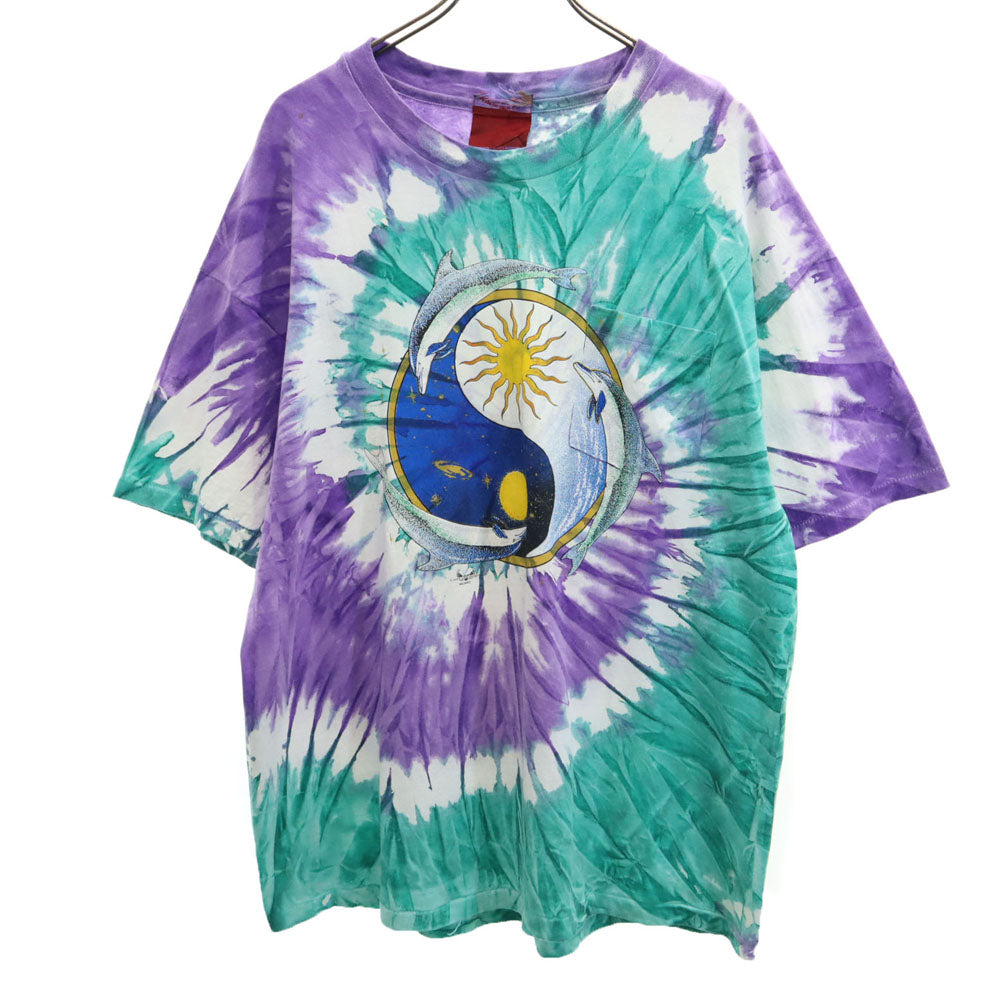 OLD オールド 90s USA製 タイダイ柄 イルカ 半袖 Tシャツ ONESIZE パープル シングルステッチ ポケT メンズ