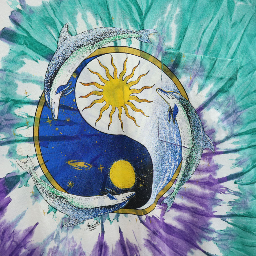 OLD オールド 90s USA製 タイダイ柄 イルカ 半袖 Tシャツ ONESIZE パープル シングルステッチ ポケT メンズ