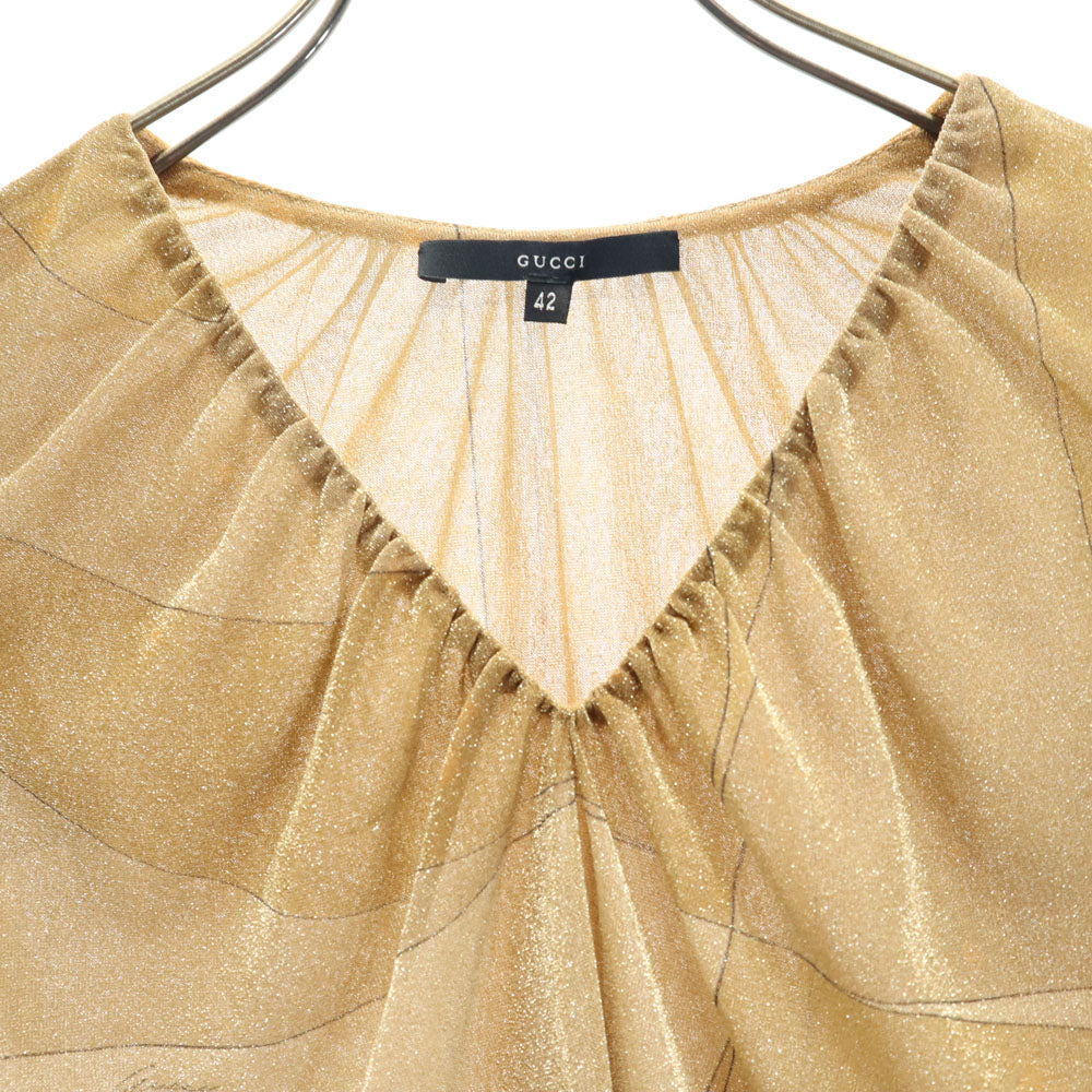 グッチ イタリア製 長袖 Vネック カットソー 42 ゴールド GUCCI ラメ レディース