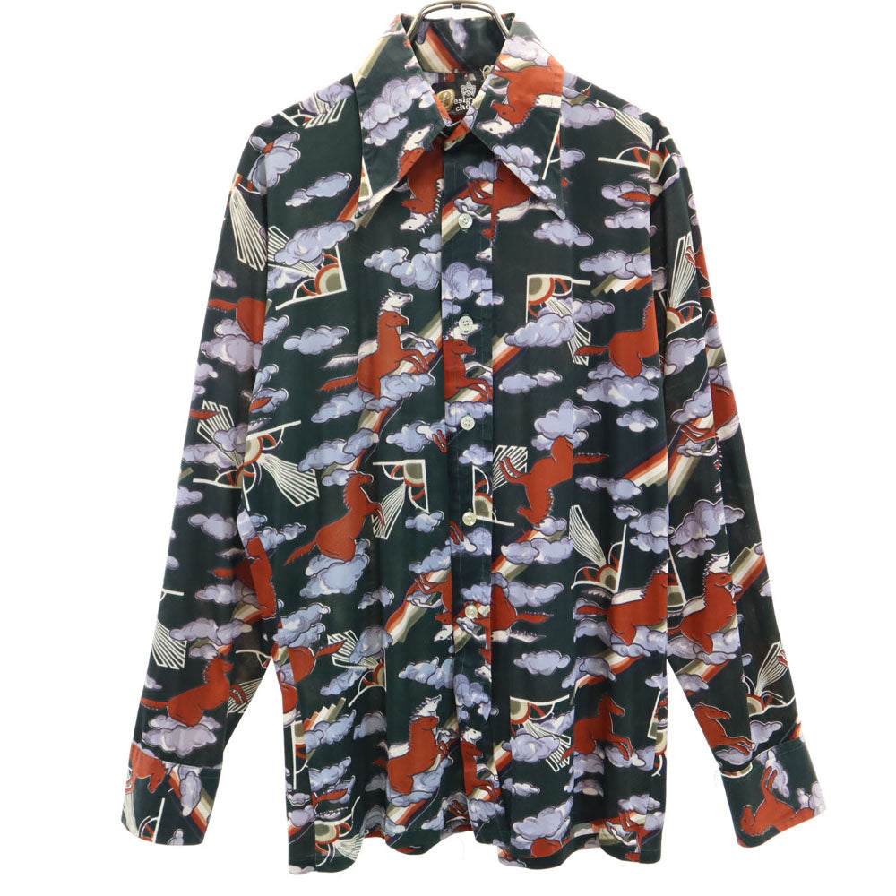 Designerschoice 70s ヴィンテージ 総柄 長袖 シャツ グリーン系 メンズ