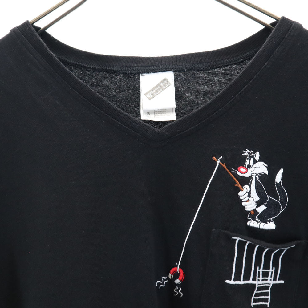 WARNER BROS. STUDIO STORE ワーナーブラザーススタジオストア 90s ルーニー・テューンズ トゥイーティー シルベスター オールド 半袖 Vネック Tシャツ S ブラック系 ポケT メンズ