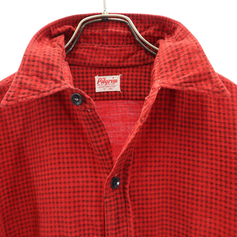 Pilgrim ピルグリム 40s 50s 千鳥格子 長袖 プリント ネルシャツ 15 15 1/2 レッド SEARS オールド ヴィンテージ マチ付き メンズ