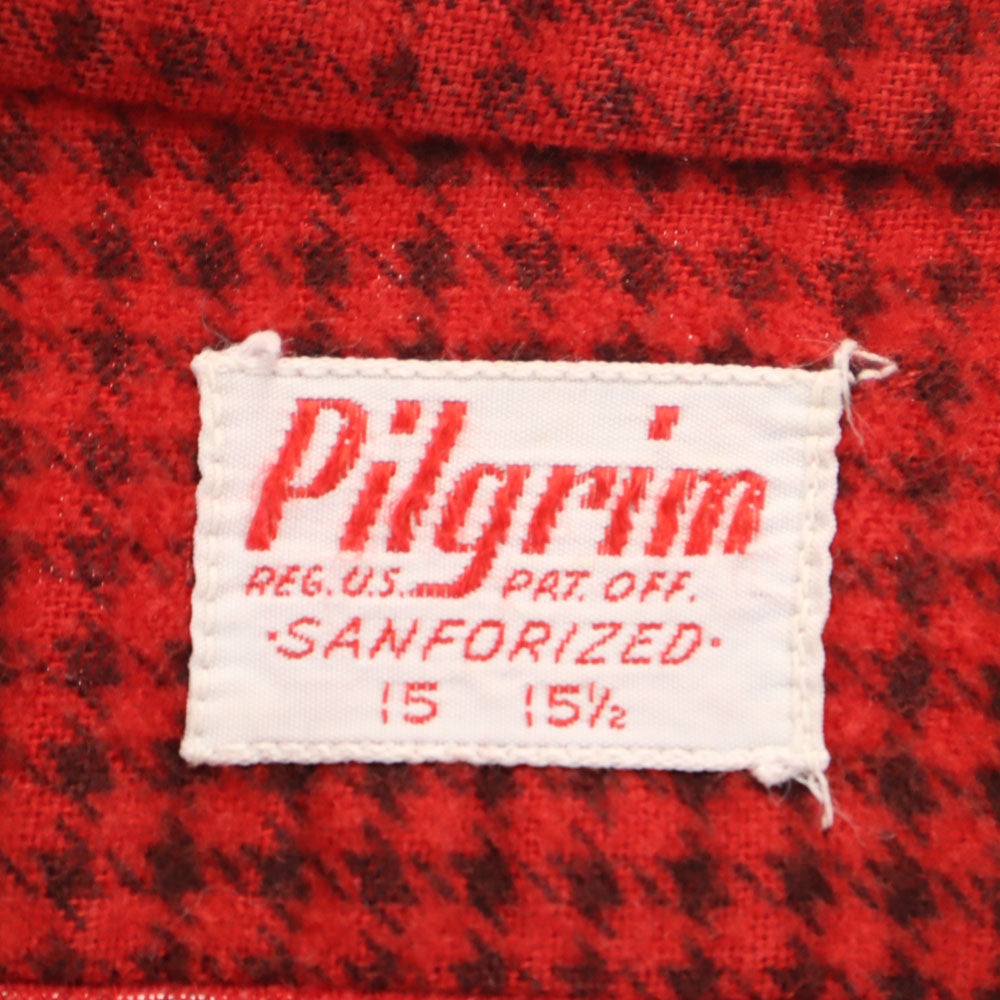 Pilgrim ピルグリム 40s 50s 千鳥格子 長袖 プリント ネルシャツ 15 15 1/2 レッド SEARS オールド ヴィンテージ マチ付き メンズ