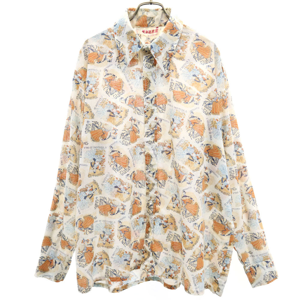 70s 総柄 長袖 シャツ XL アイボリー系 オールド ヴィンテージ メンズ