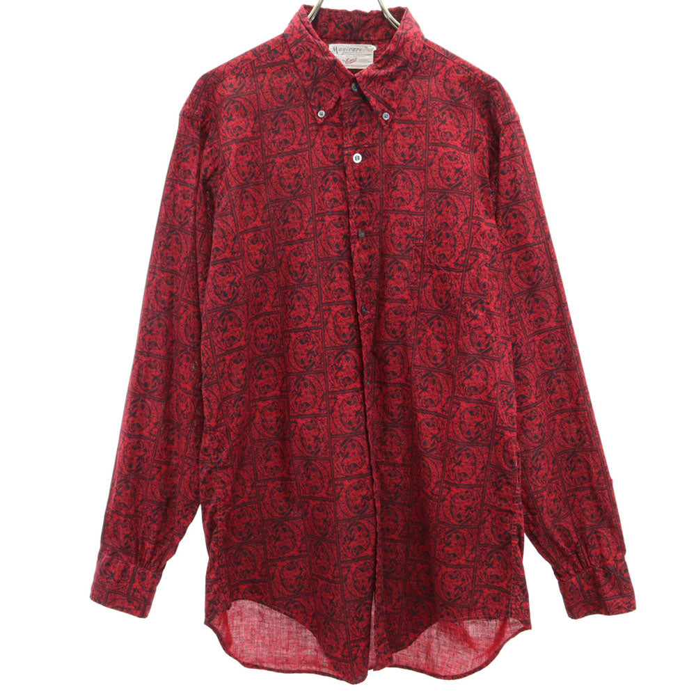 総柄 長袖 ボタンダウンシャツ M レッド メンズ