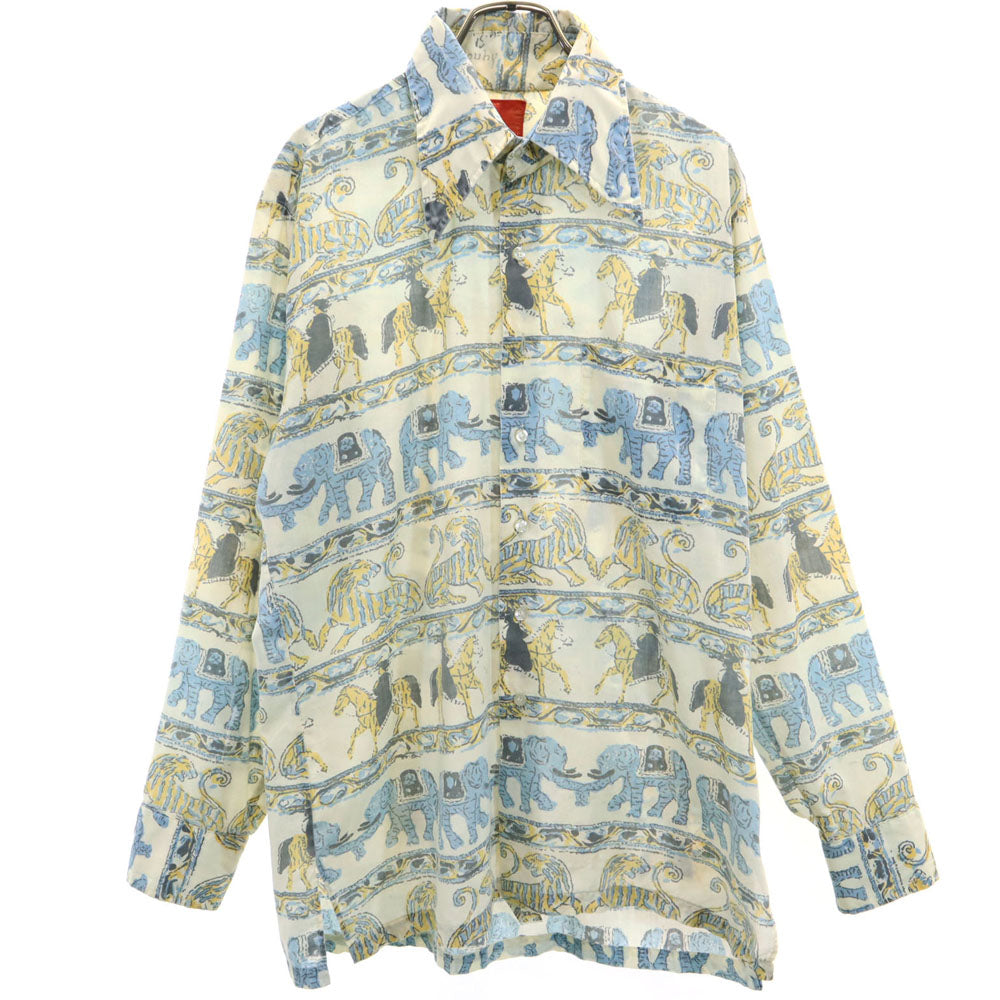 Sears シアーズ 70s アニマル柄 長袖 シャツ M アイボリー系 オールド ヴィンテージ メンズ