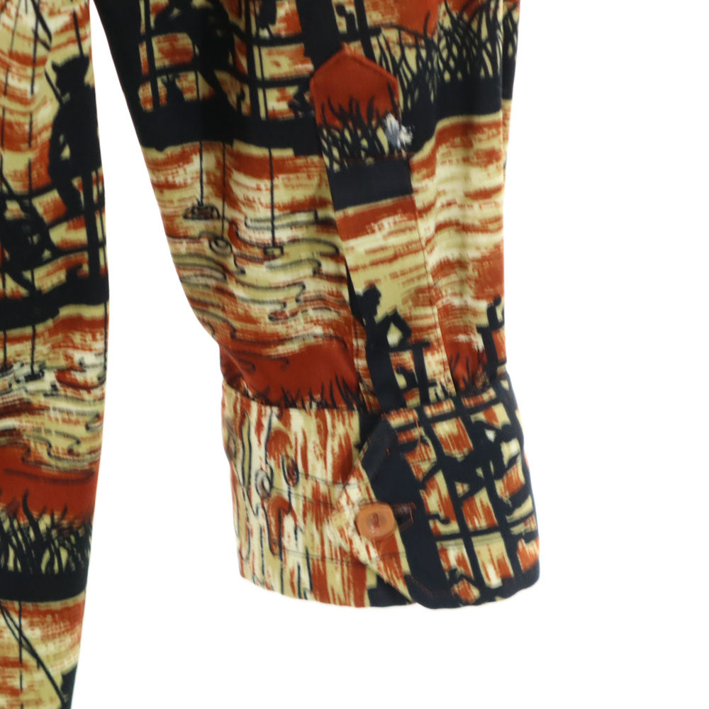 VINTAGE ヴィンテージ 70s ポリシャツ 総柄 長袖 シャツ ブラウン系 メンズ