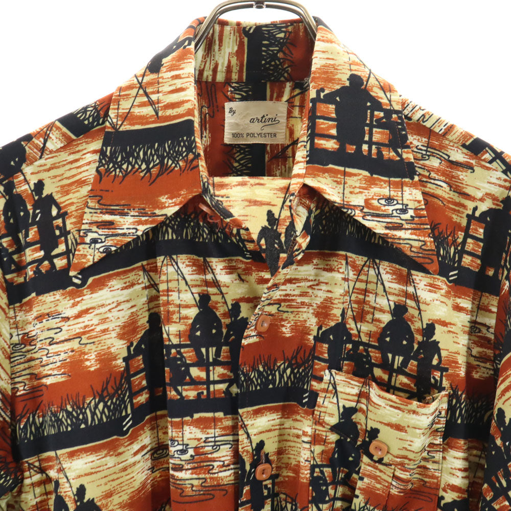 VINTAGE ヴィンテージ 70s ポリシャツ 総柄 長袖 シャツ ブラウン系 メンズ