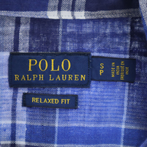 ポロラルフローレン チェック柄 長袖 リネンシャツ S ブルー POLO RALPH LAUREN メンズ