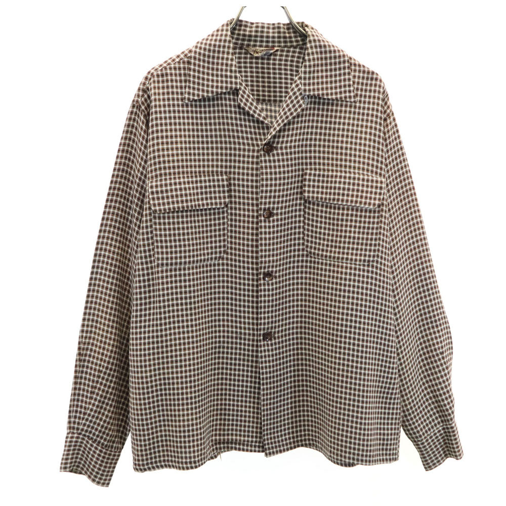 Berkshire 50s 60s 開襟 オープンカラー ヴィンテージ ボックスシルエット チェック柄 長袖 オープンカラーシャツ M ブラウン 他 メンズ