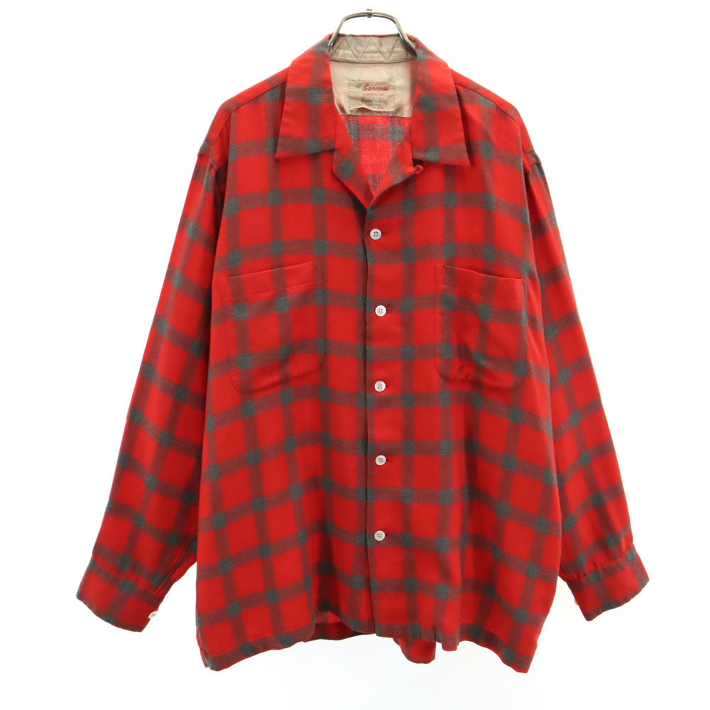 Lanerossi 50s 60s ヴィンテージ ボックスシルエット チェック柄 長袖 オープンカラーシャツ L レッド 他 メンズ