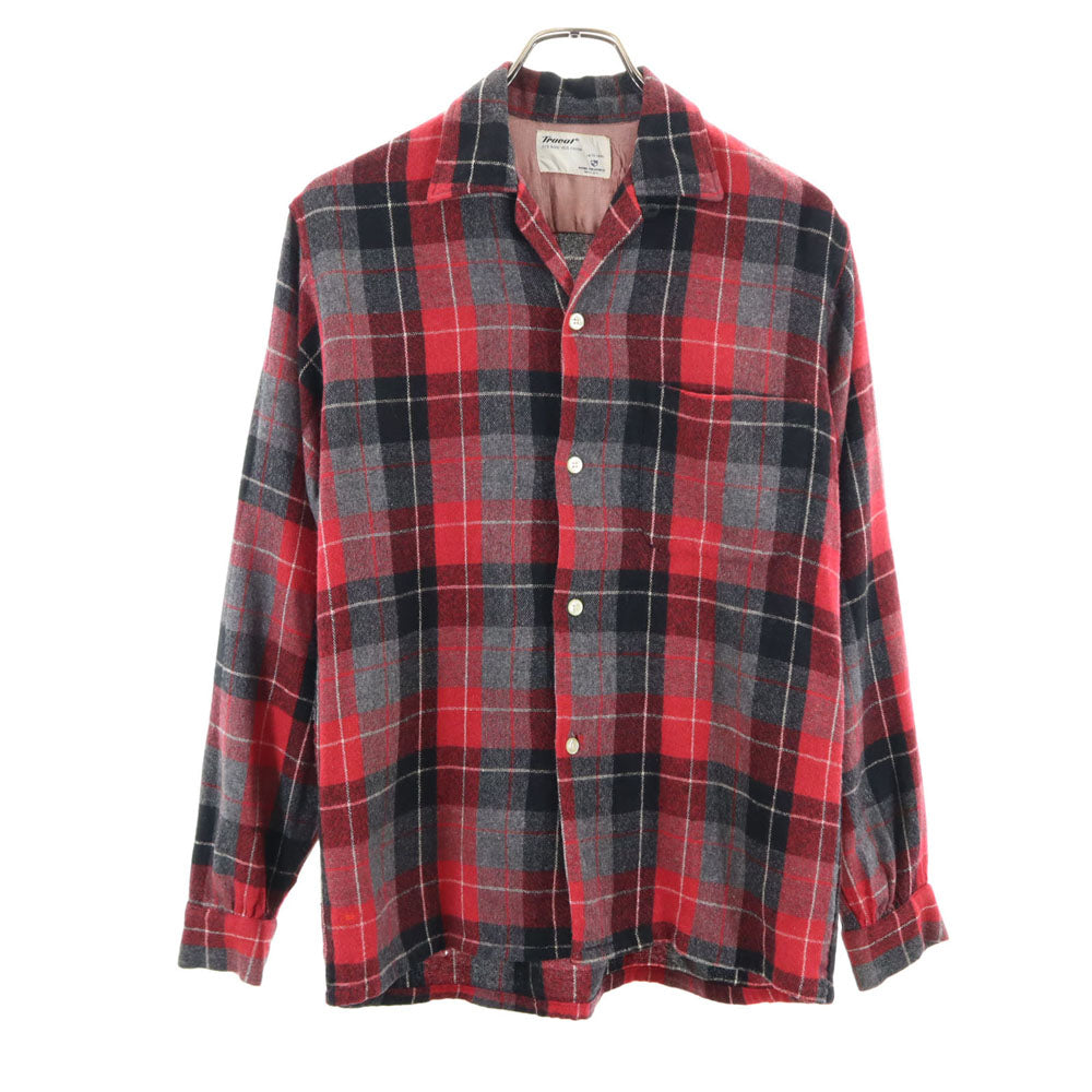 Truval 50s 60s 開襟 オープンカラー ヴィンテージ ボックスシルエット レーヨン チェック柄 長袖 オープンカラーシャツ S 赤系 メンズ