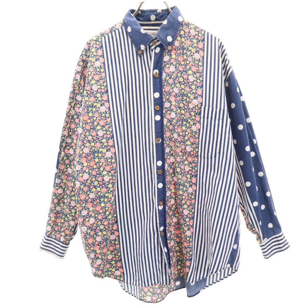 トリマークラフツ 日本製 オールド 花柄 ストライプ 長袖 ボタンダウンシャツ F ネイビー TRIMMER CRAFTS ドット 水玉 メンズ
