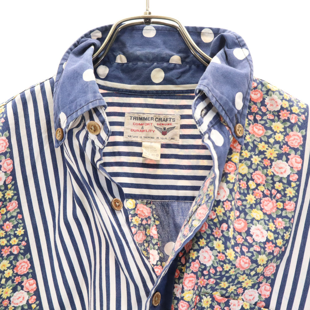 トリマークラフツ 日本製 オールド 花柄 ストライプ 長袖 ボタンダウンシャツ F ネイビー TRIMMER CRAFTS ドット 水玉 メンズ