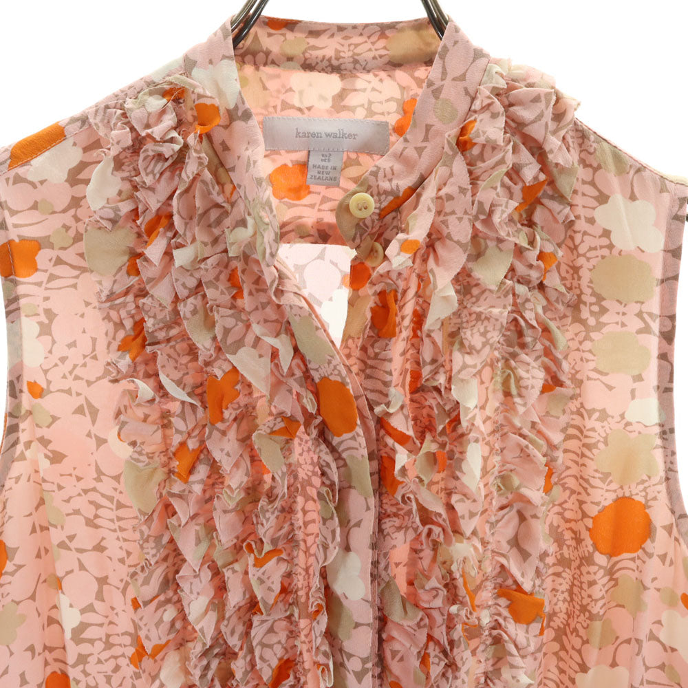 KAREN WALKER カレンウォーカー シルク100％ 総柄 ノースリーブ ミニワンピース US2 ピンク系 レディース