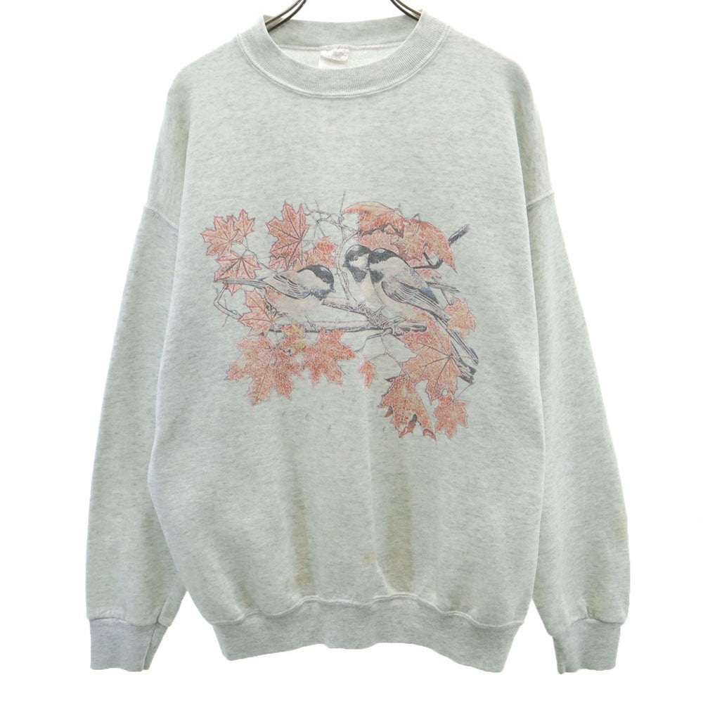OLD オールド 90s バード プリント 長袖 スウェット トレーナー L ライトグレー 裏起毛 鳥 メンズ