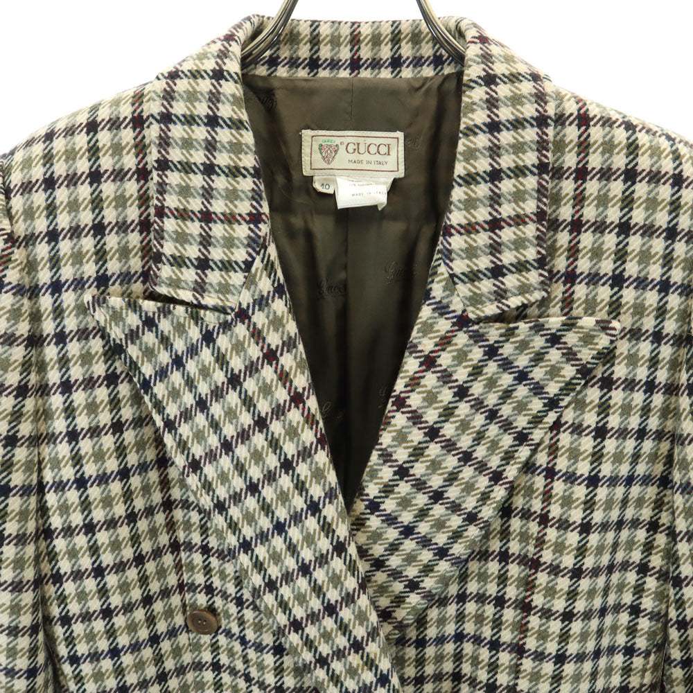 GUCCI グッチ 80s 90s イタリア製 ウールブレンド オールド チェック柄 ジャケット 40 カーキ系 ダブルボタン レディース